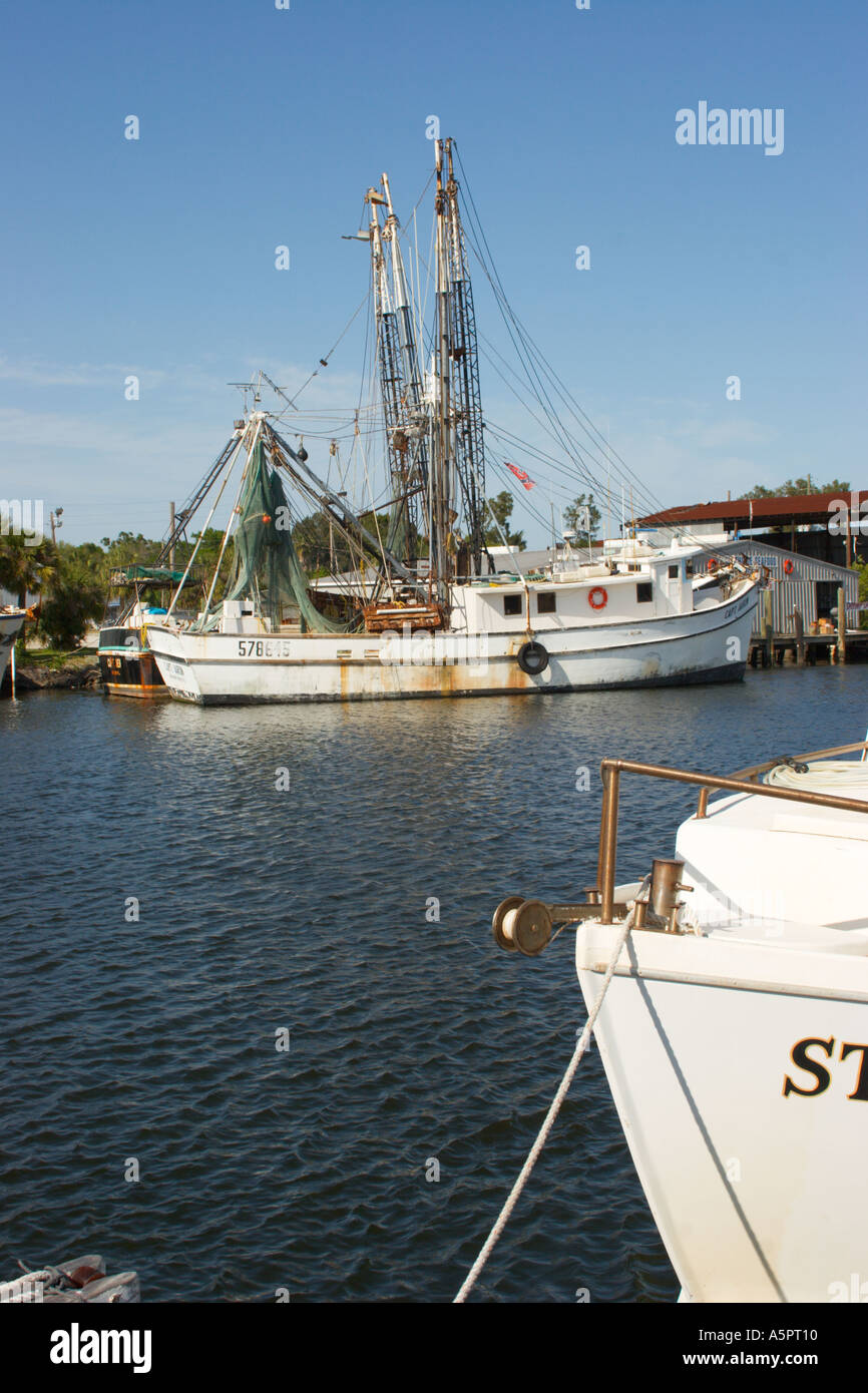 Commercial shrimp fishing boats in Tarpon Springs Florida harbor Stock