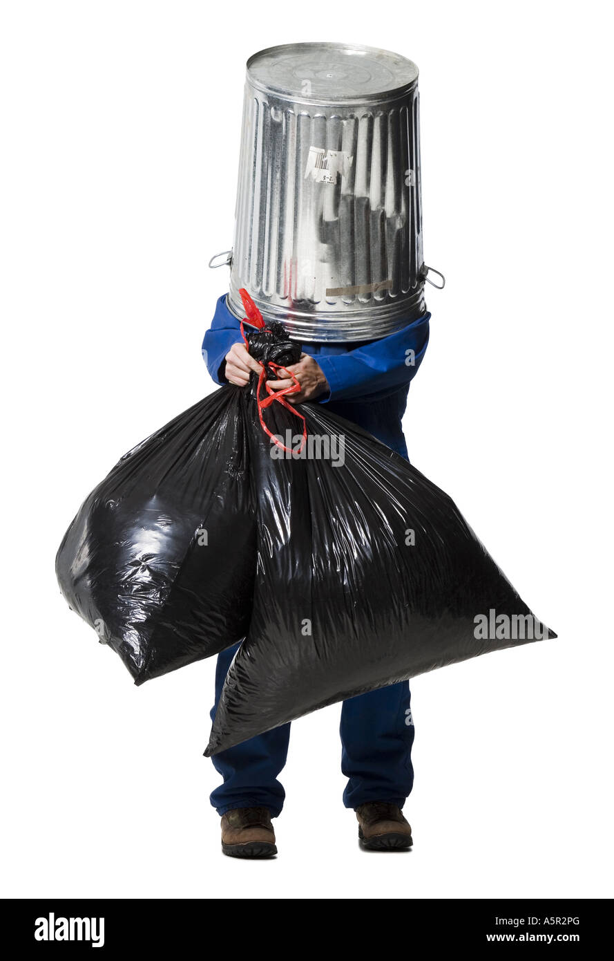 Garbage man with trash can on head Stock Photo Alamy