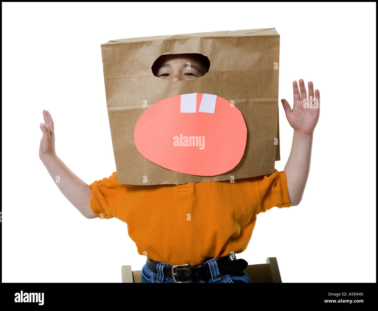 Portrait of a boy wearing a paper bag over his head Stock Photo Alamy