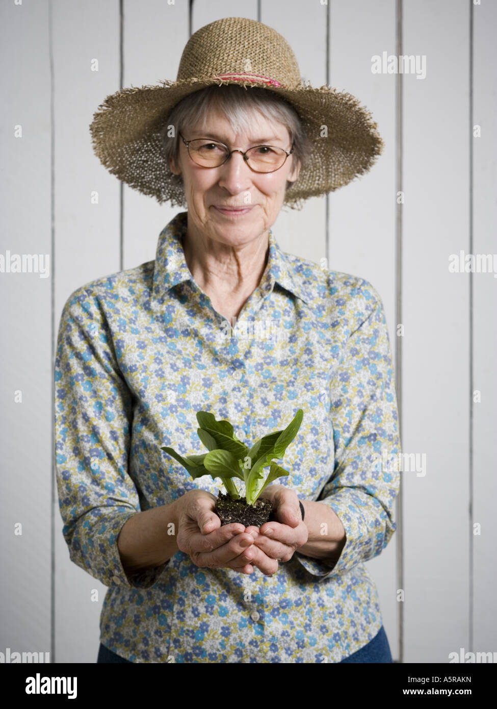 Portrait of an elderly woman holding a plant Stock Photo - Alamy