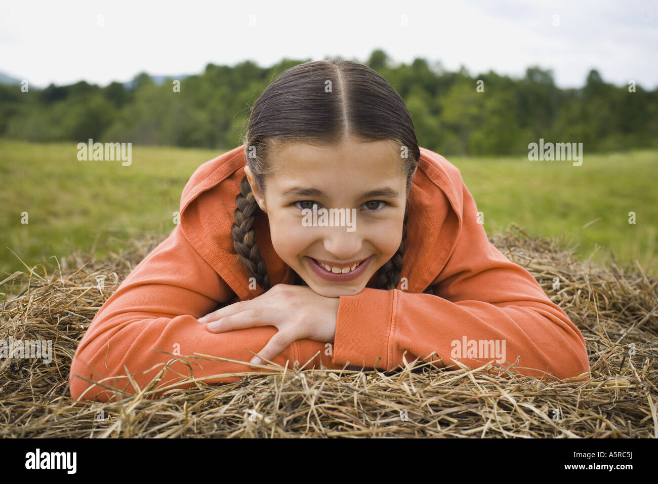 Portrait of a girl leaning over a haystack Stock Photo - Alamy