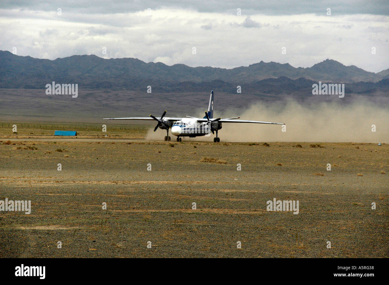 Fokker 70 propeller aircraft of Mongolian airline MIAT landing at Dalanzadgad Airport Mongolia Stock Photo