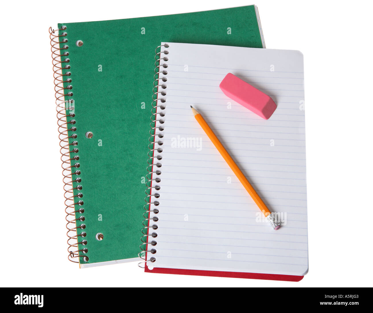 School notebooks with pencil and eraser on open blank page. Stock Photo