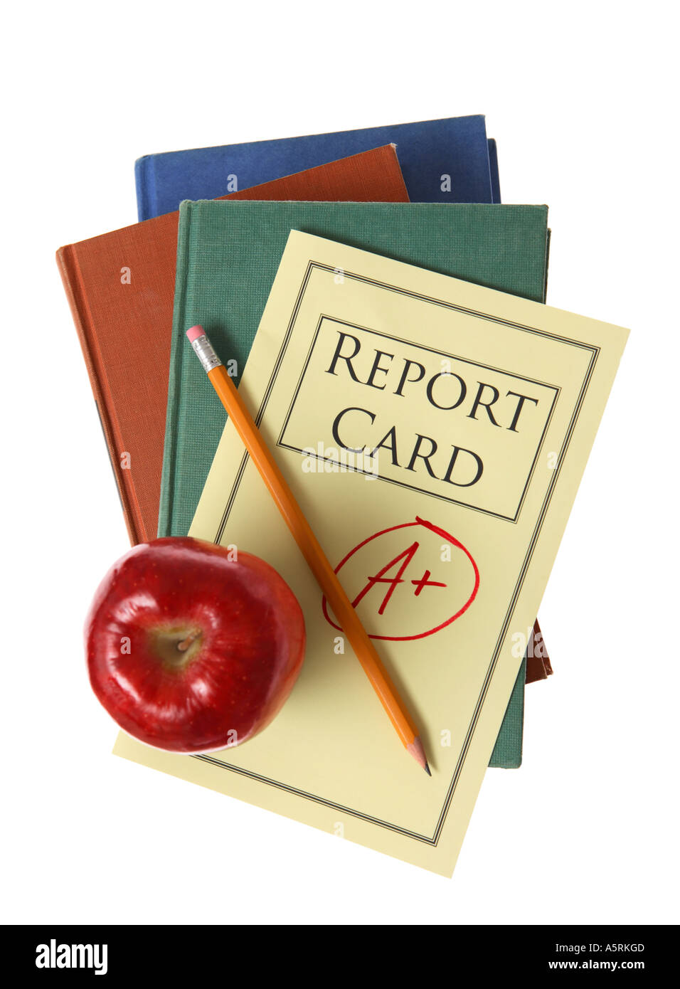 School books, report card, apple, and pencil. Stock Photo