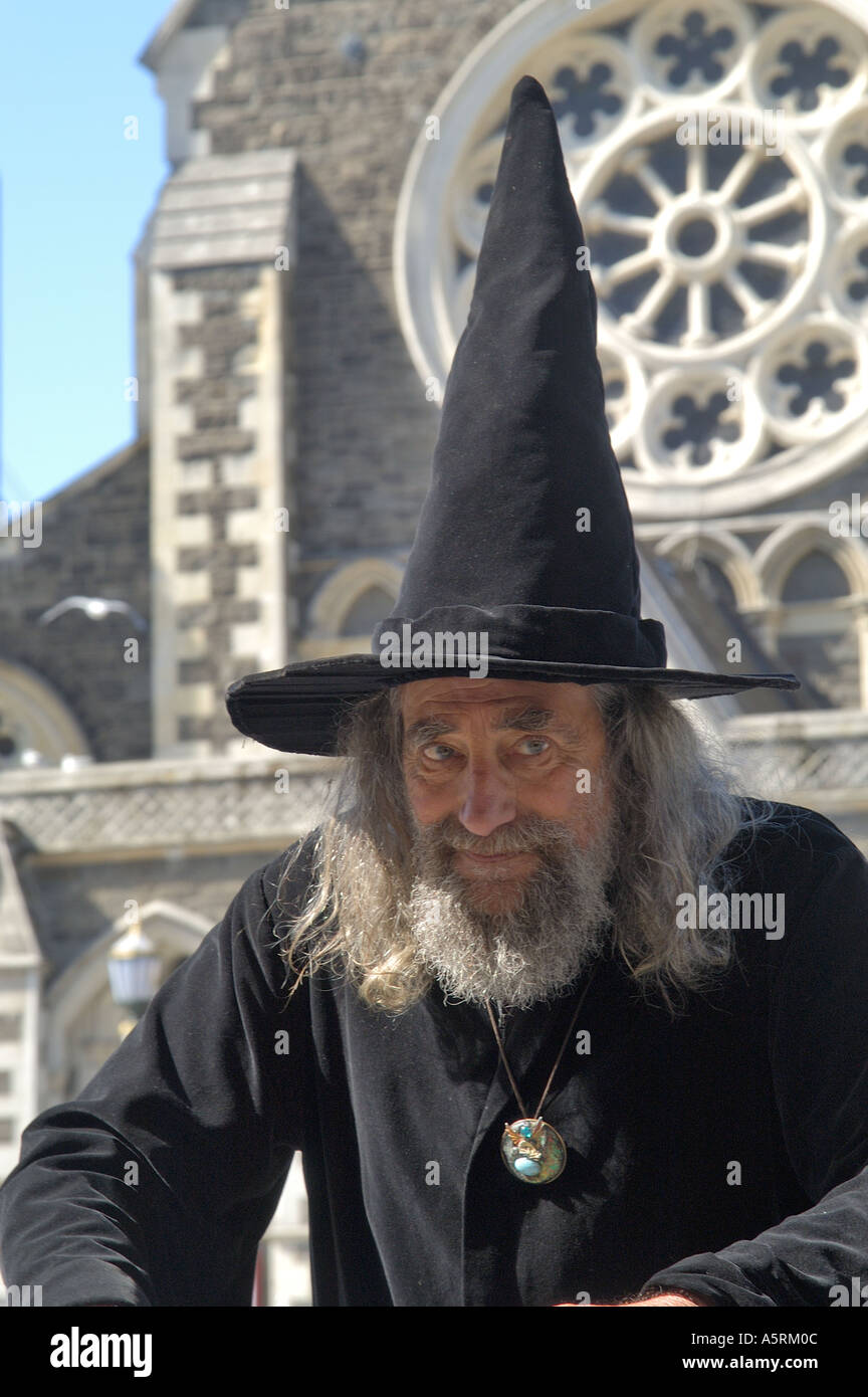 The Wizard in front of cathedral of Christchurch New Zealand Stock Photo
