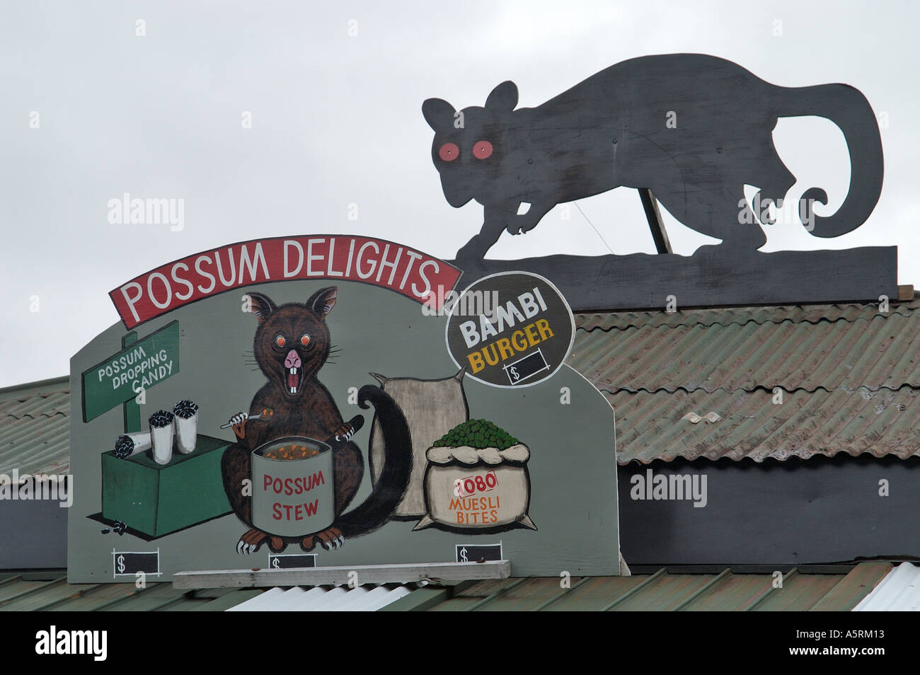 roadhouse offering possum specialities near Pokekura on West Coast of South Island New Zealand Stock Photo