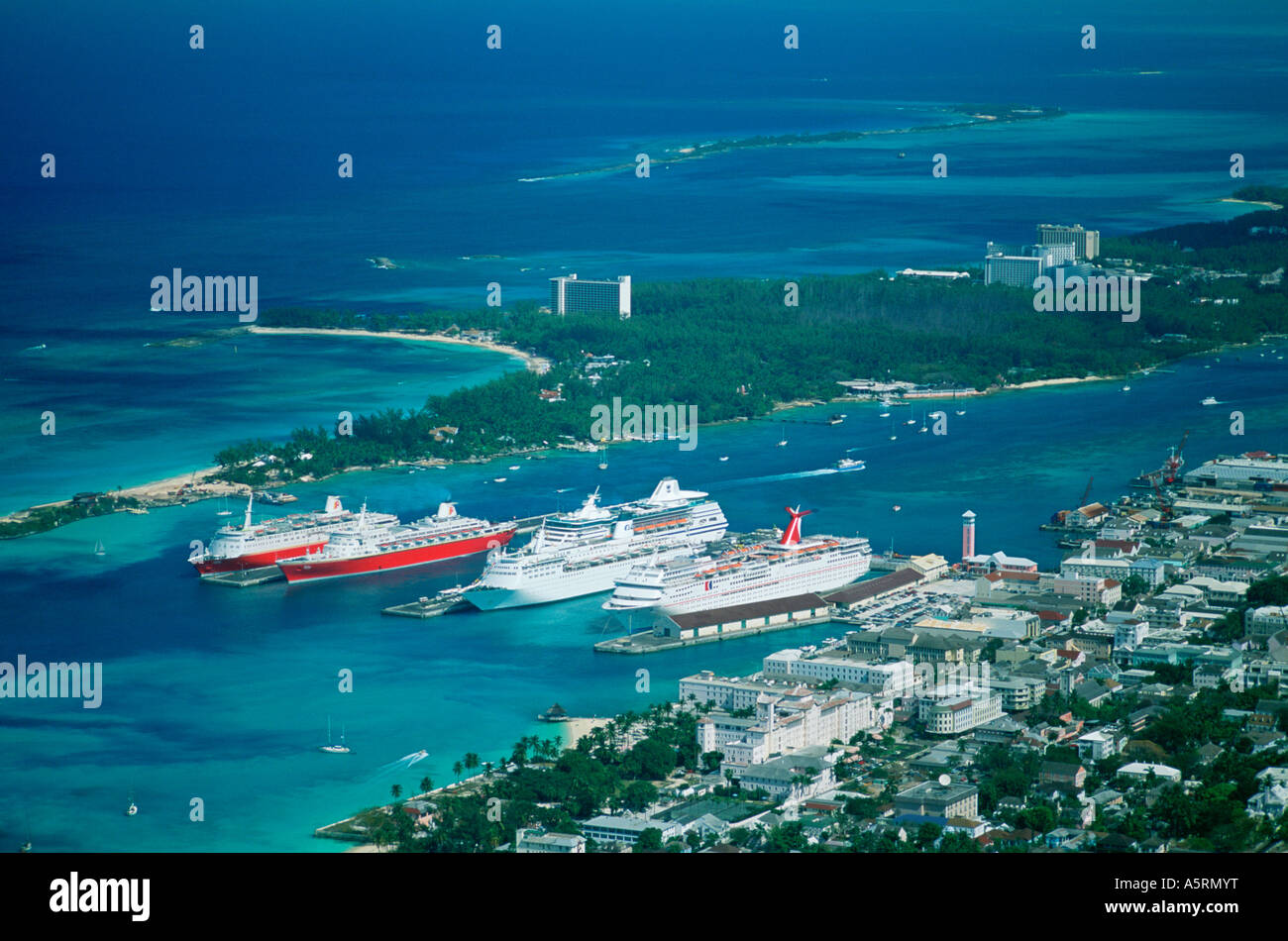 Aerial of cruise ships in the bay at Nassau in the Bahamas North of the Caribbean Sea Stock Photo