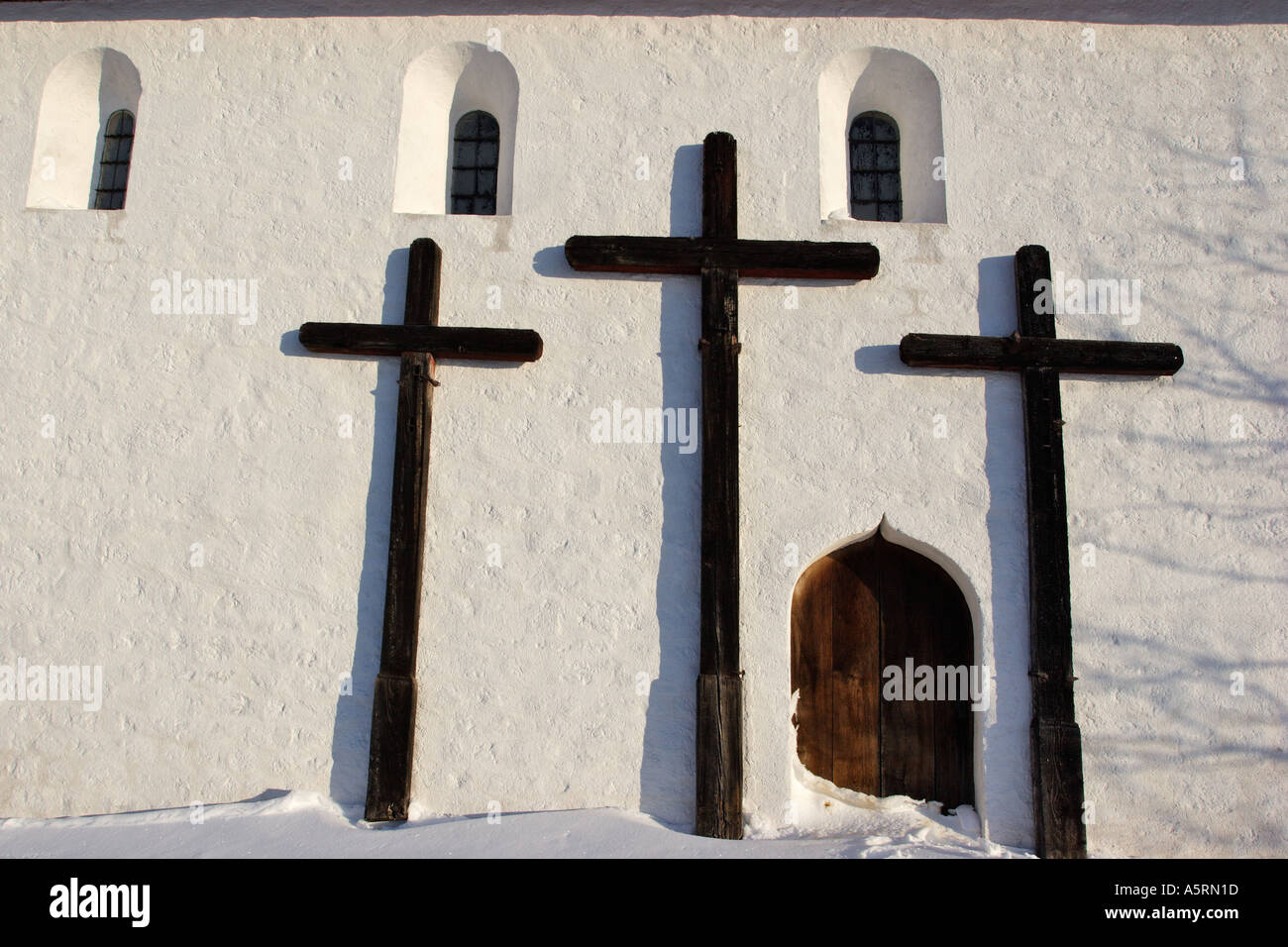 wooden crosses on the outside wall of the Johannes chapel in the village of Pürgg Styria Austria Stock Photo