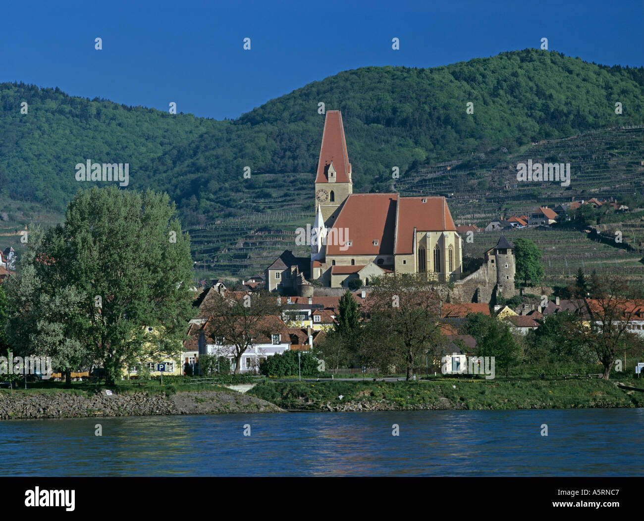 the Danube river and the village of Weißenkirchen Wachau Lower Austria Stock Photo