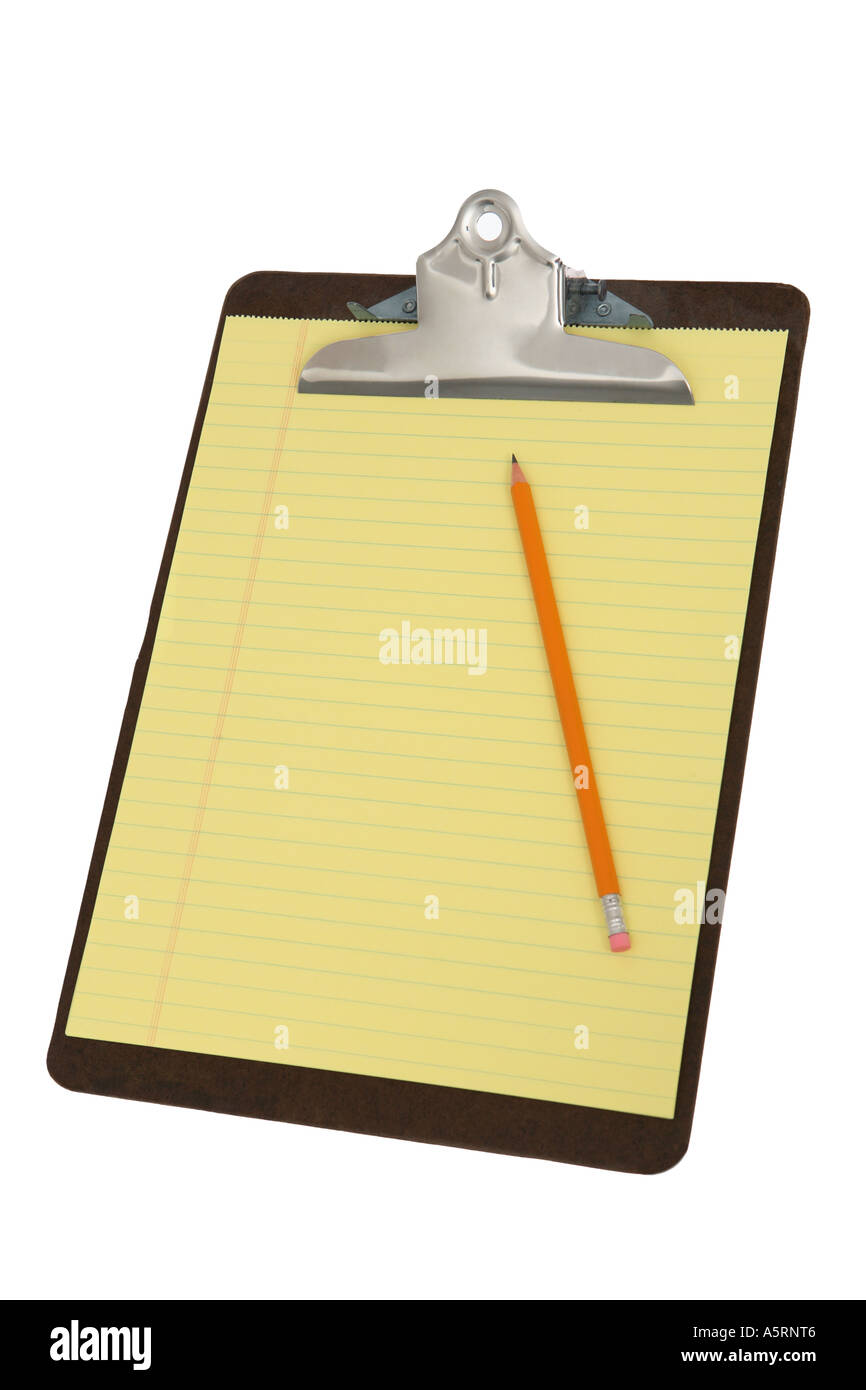 Clipboard with yellow paper and pencil Stock Photo