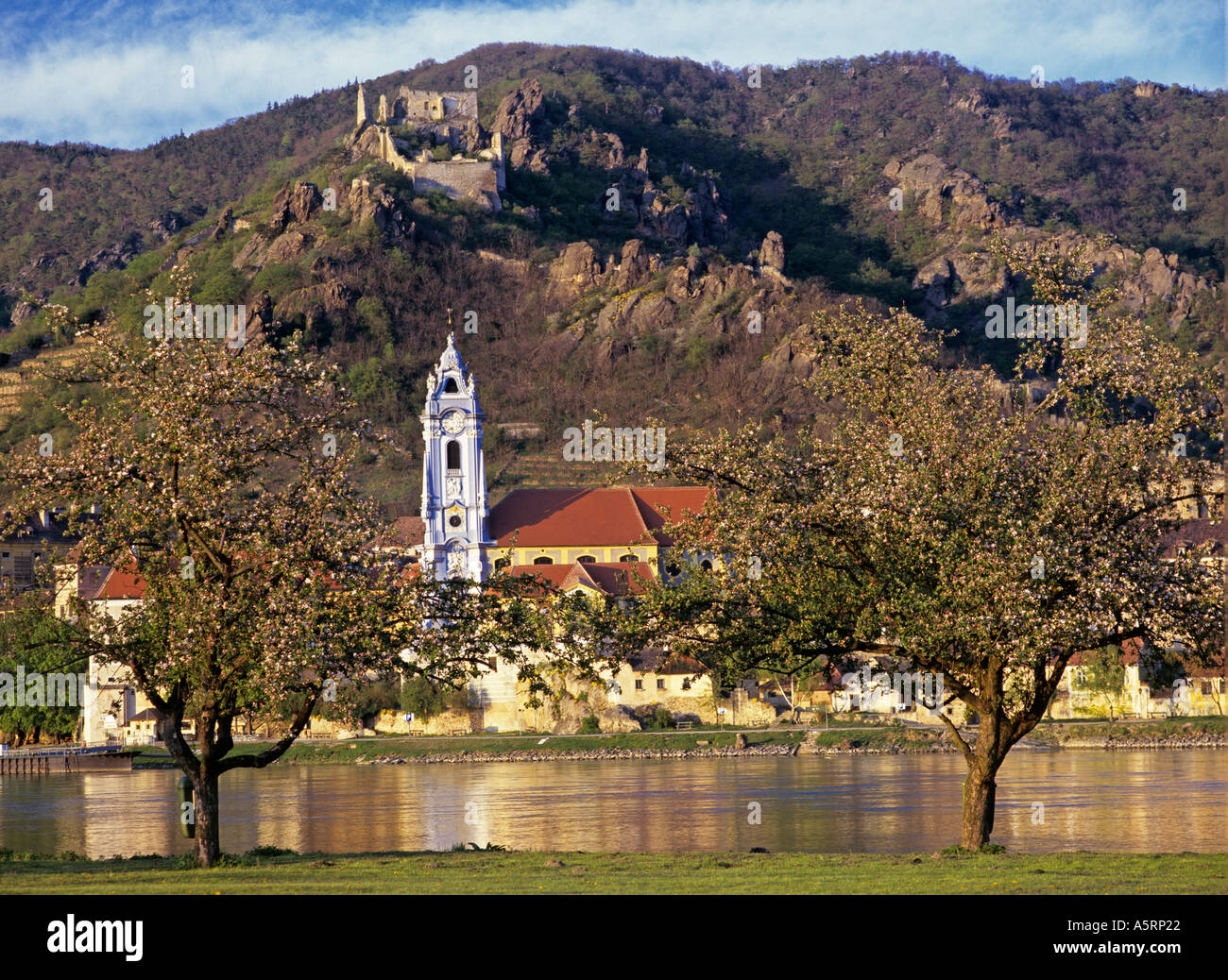 view of the church and castle ruin of Dürnstein at the river Danube Lower Austria Stock Photo