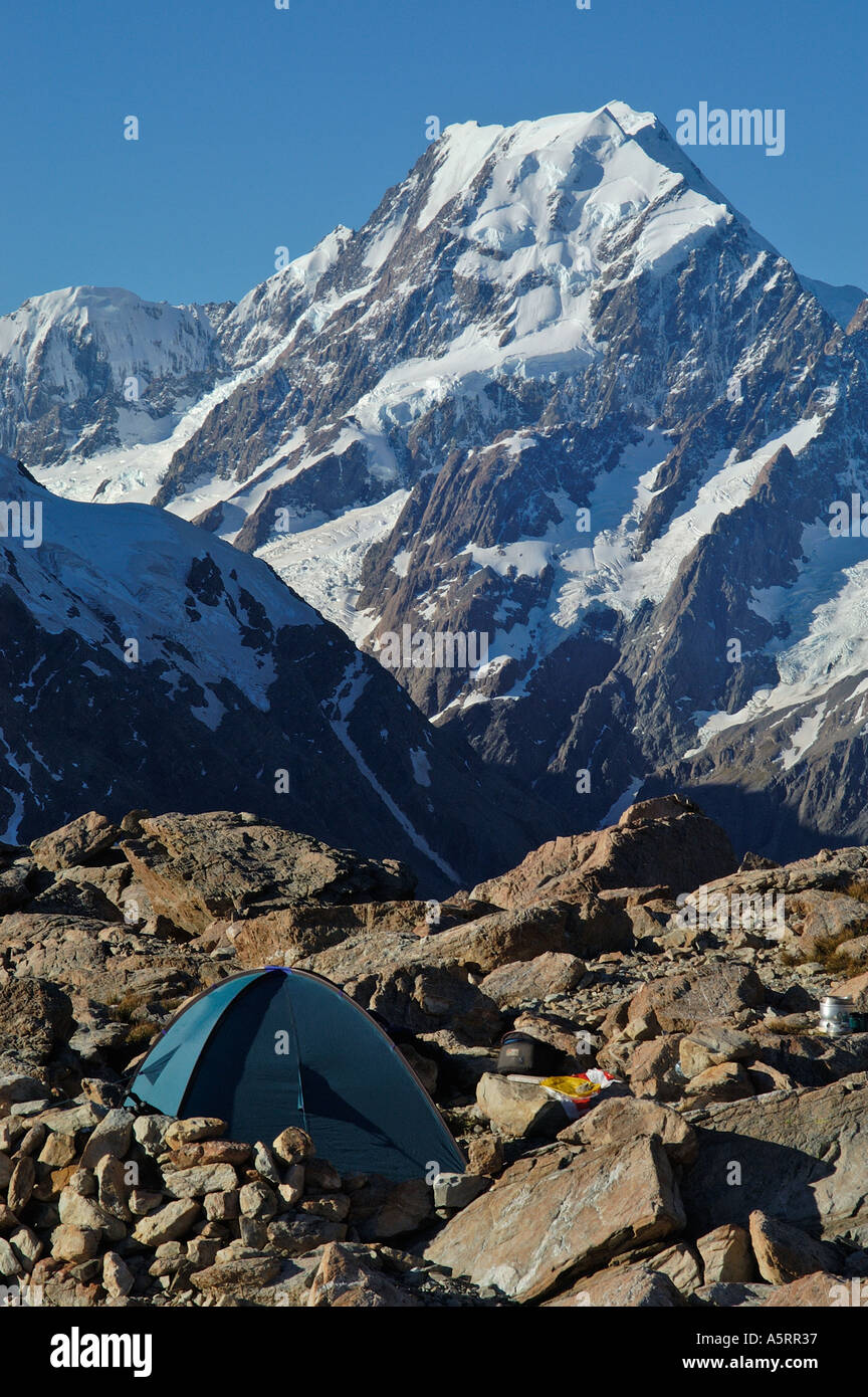 tent near Muller s Hut in front of Mt Cook New Zealand Stock Photo