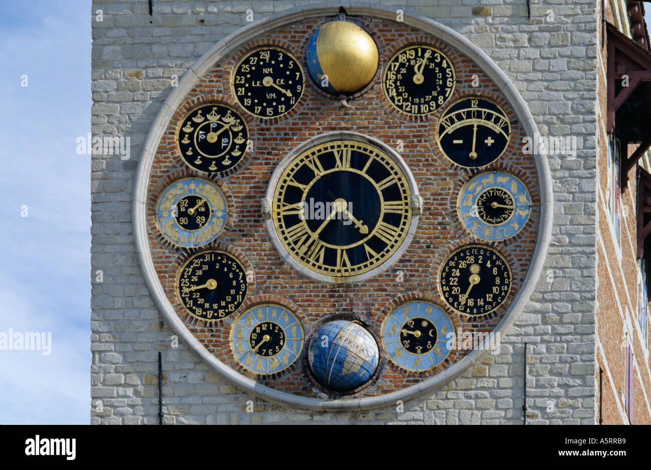 clock with astronomic scales on tower Zimmerturm in Lier Belgium Stock Photo