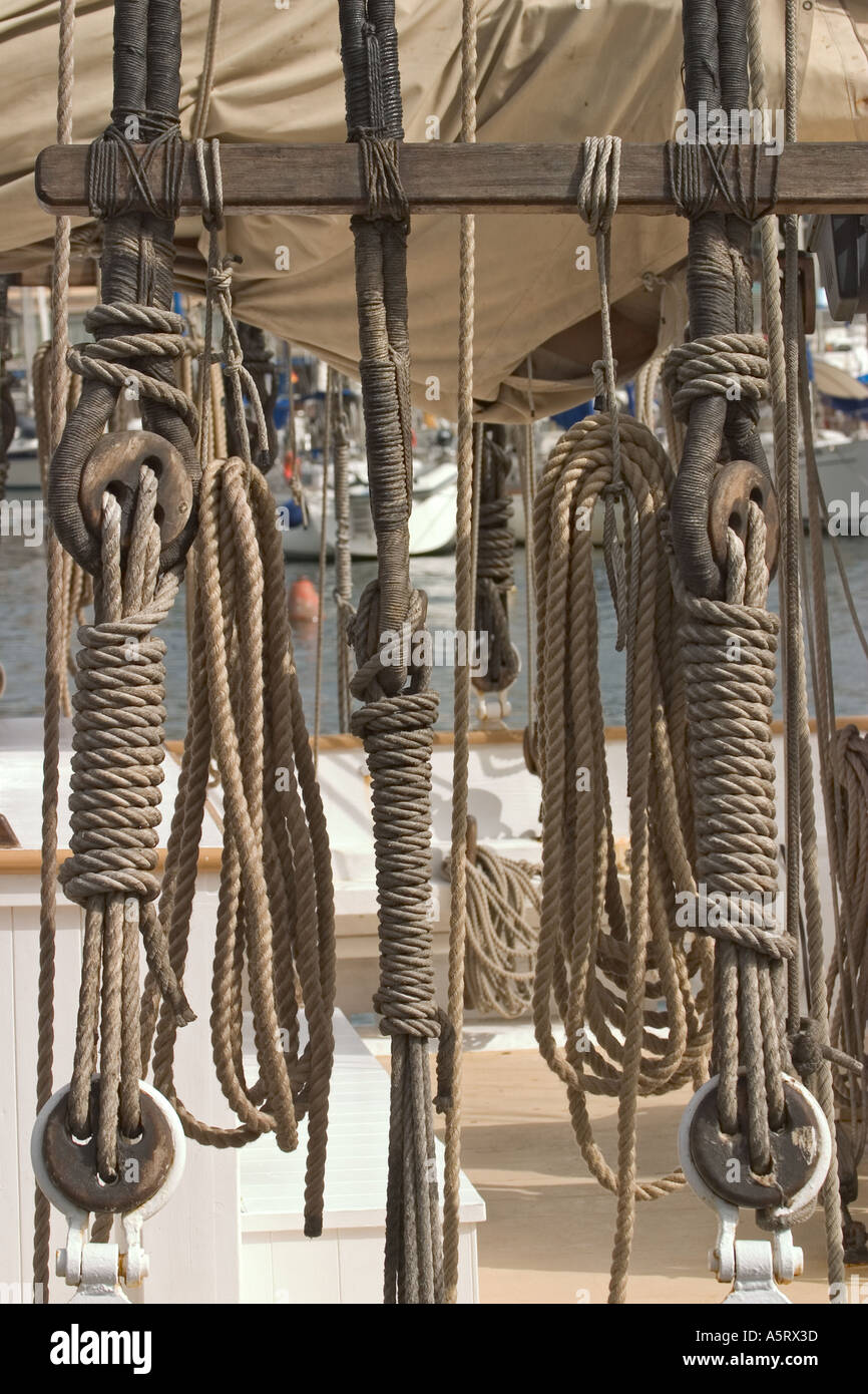 Stowed ropes on boat Stock Photo