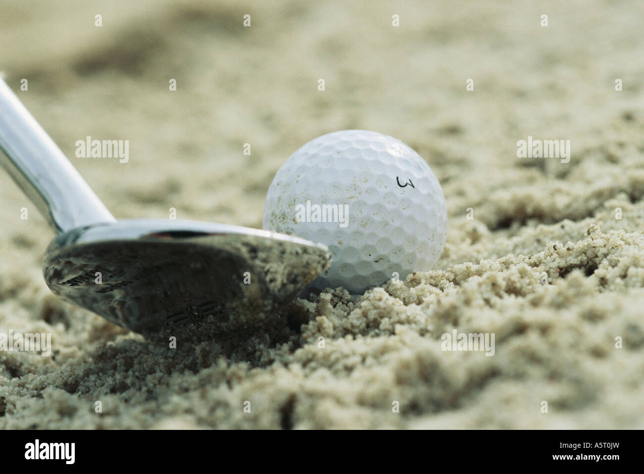 Sand wedge posed next to golf ball on sand Stock Photo