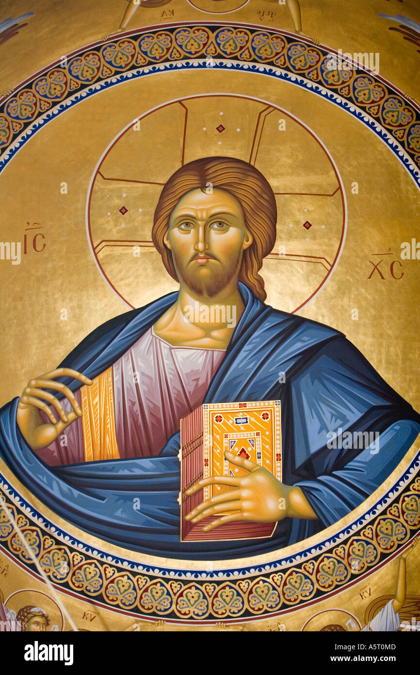 Jesus holding book I am the Light of the World illustration old church Crete Krete island Greece