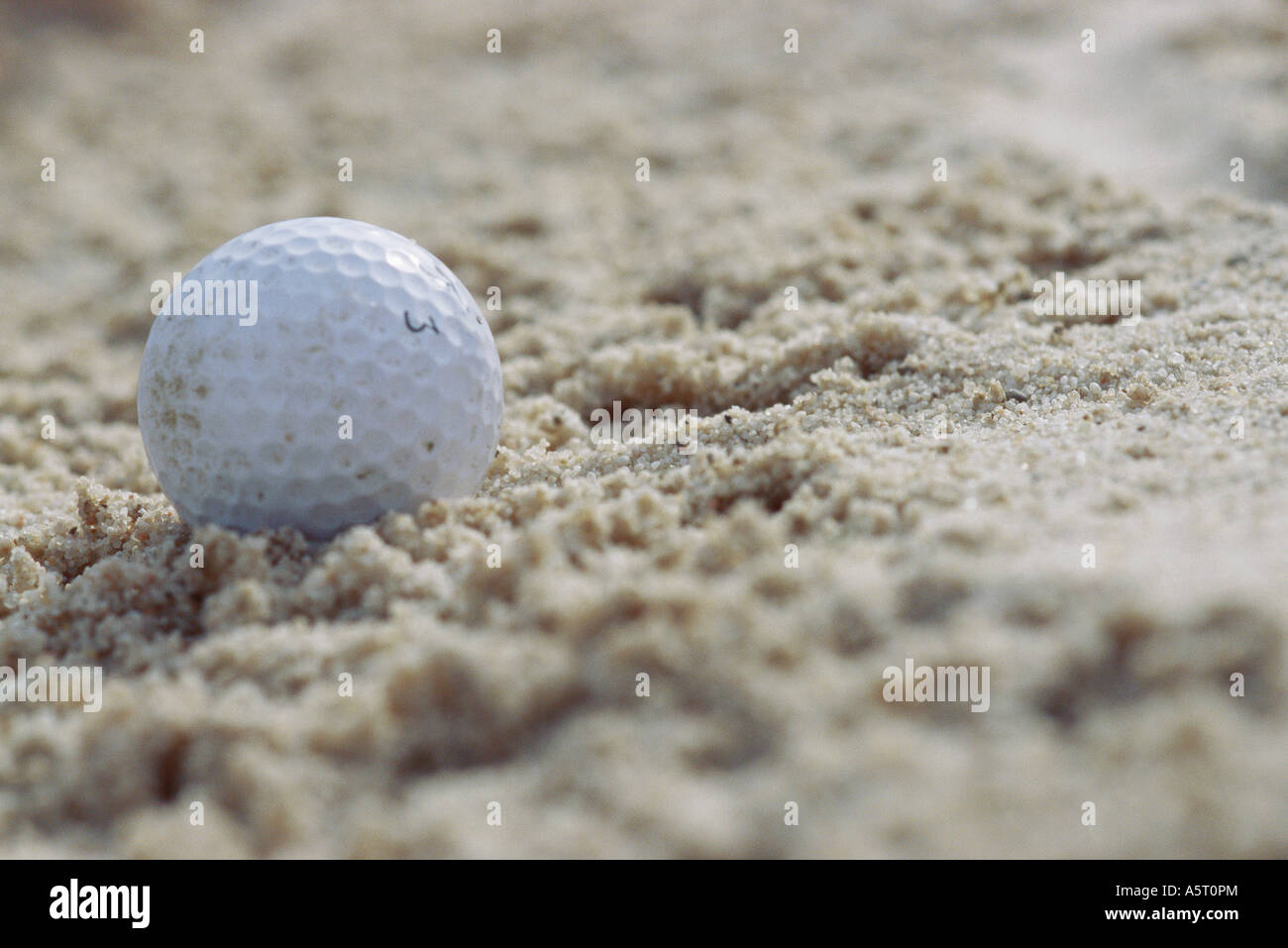 Golf ball in sand, closeup Stock Photo Alamy