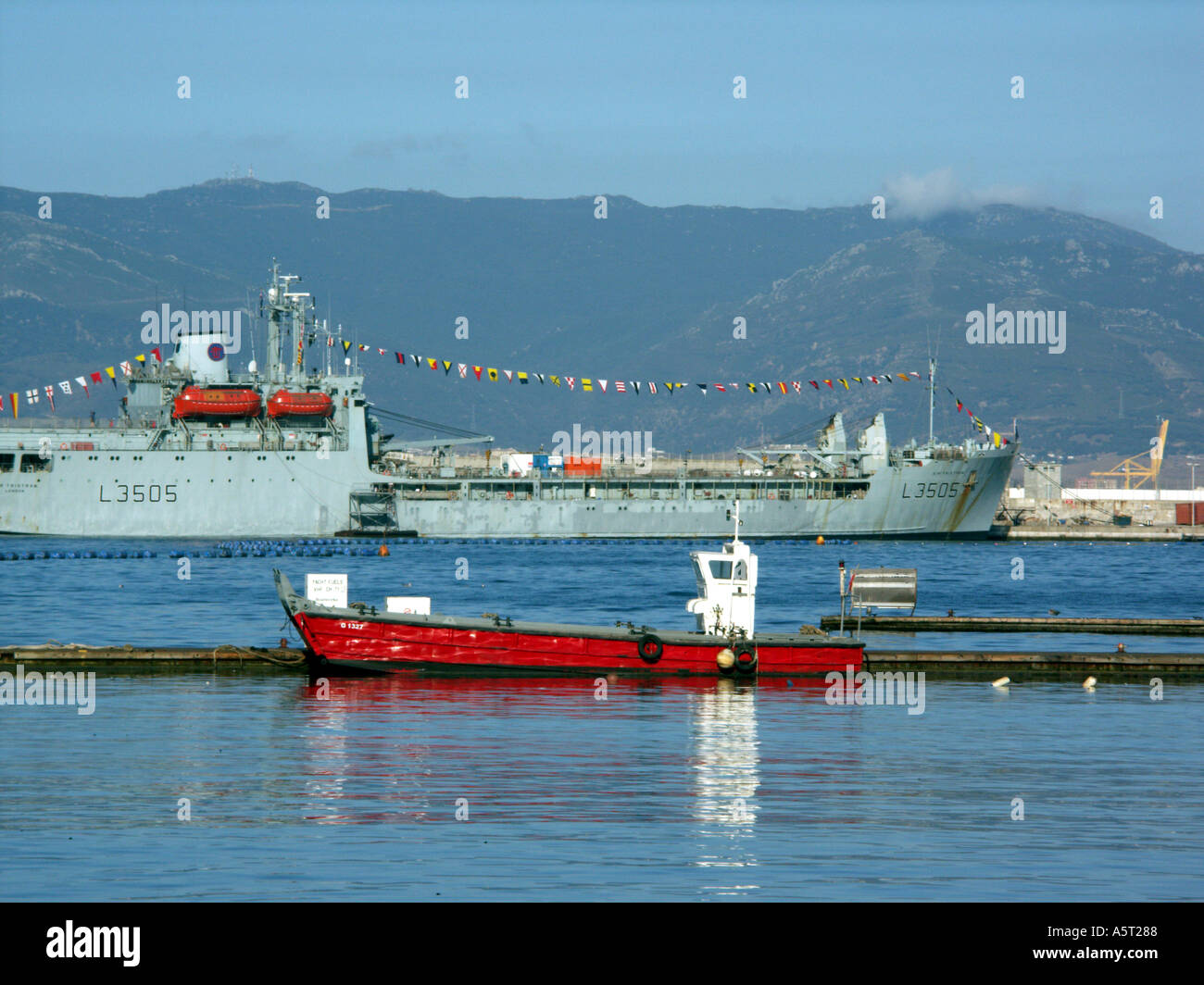 RFA Sir Tristram Landing Ship at day break, Queensway Wharf, Gibraltar Harbour,  Europe, early morning light Stock Photo