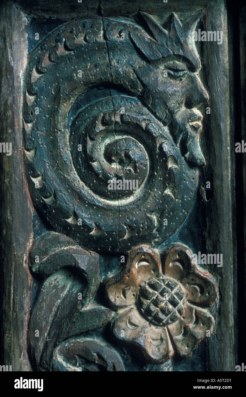 Carved serpents head on a [rood screen] Sancreed Church Cornwall England Church dedicated to Celtic St Credan. 1990s HOMER SYKES Stock Photo