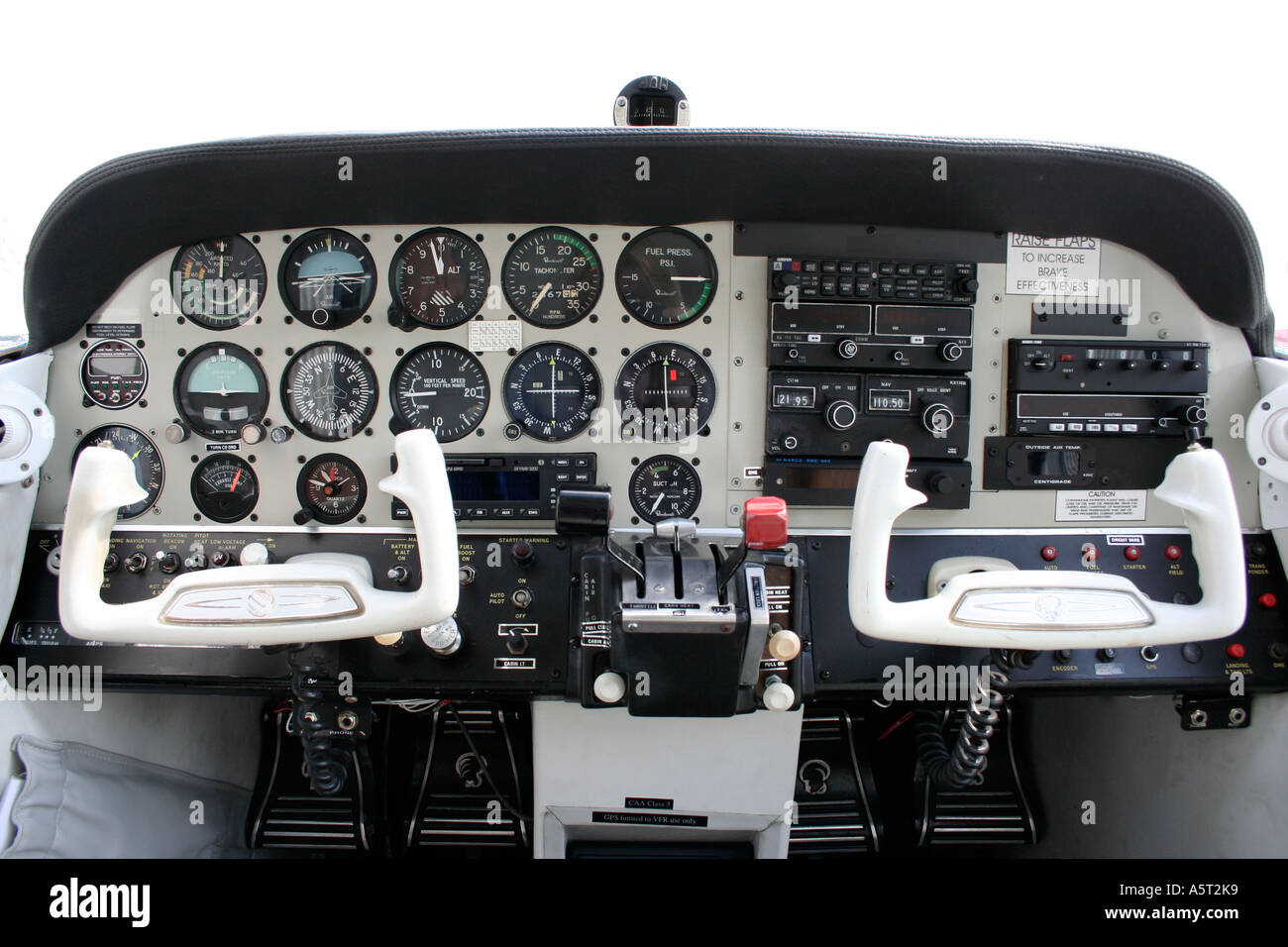 Beechcraft light aircraft interior. Navigation instruments, controls, clocks and dials. Avionics. Single engine aeroplane. Stock Photo