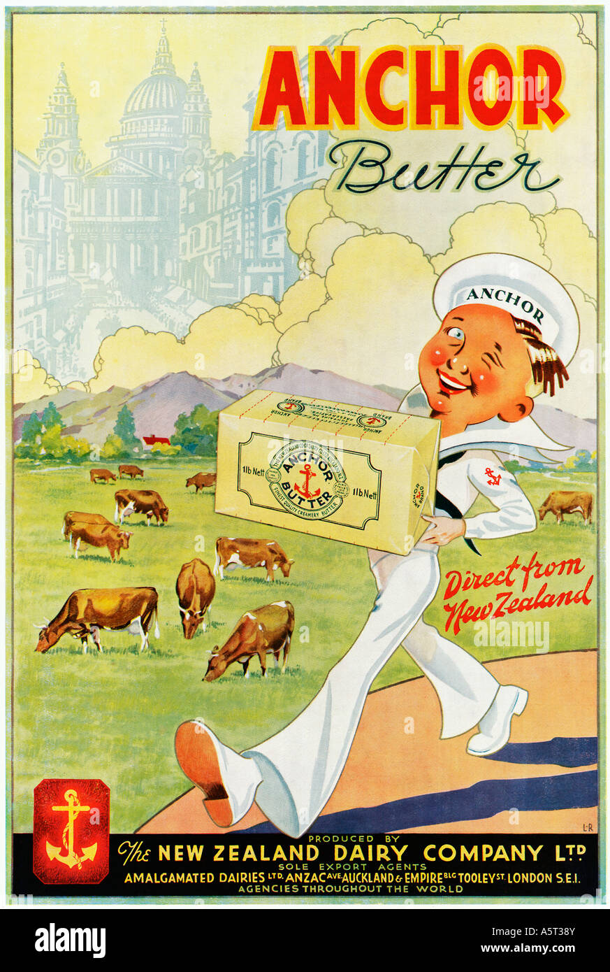 Anchor Butter 1935 advert for the produce of the New Zealand Dairy Company for export Throughout The World Stock Photo