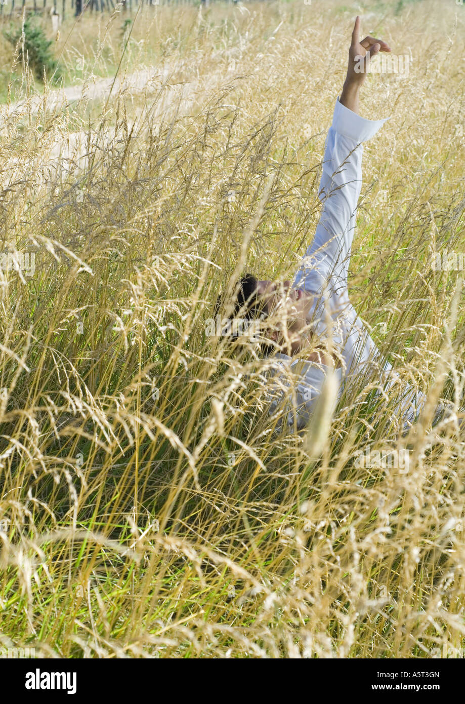 Man sitting in tall grasses, pointing up Stock Photo