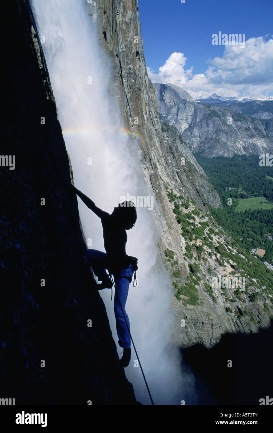 Ron Kauk climbing beside Upper Yosemite Falls Yosemite National Park California Stock Photo