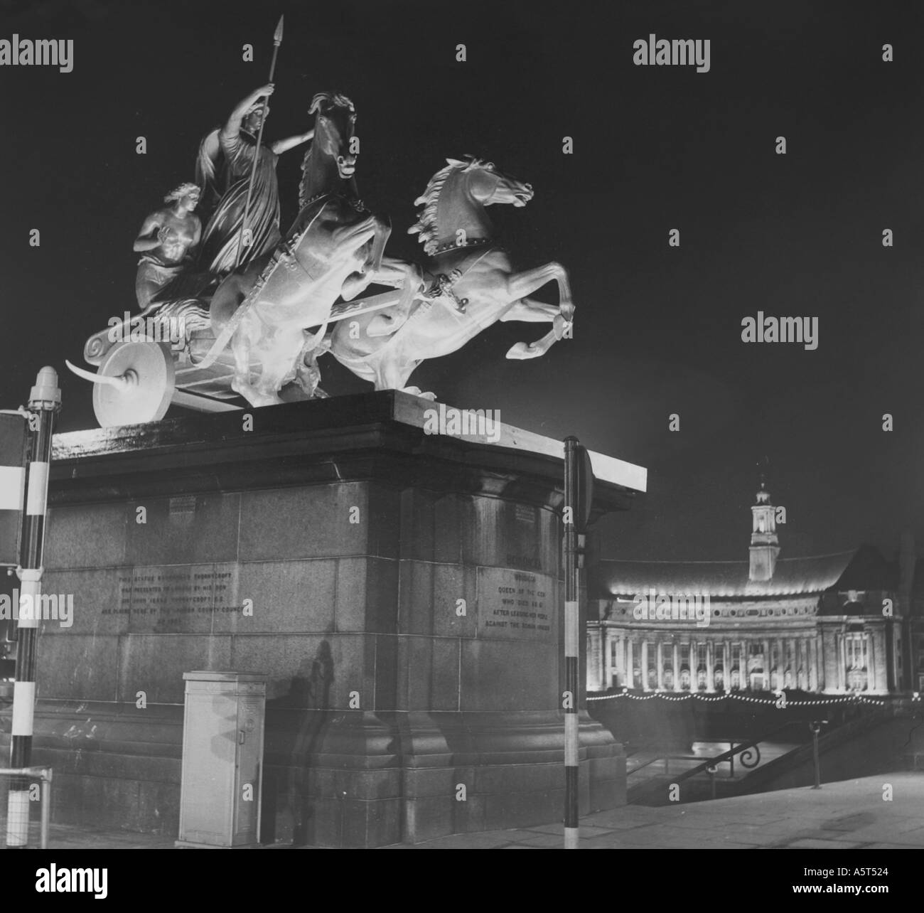 Night time shot of Statue of Boudica with former GLC building in the background B&W Circa 1960 Stock Photo