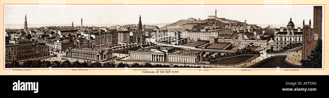Edinburgh Panorama of the New Town in this steel engraving taken from an 1895 photo of the Scottish capital Stock Photo