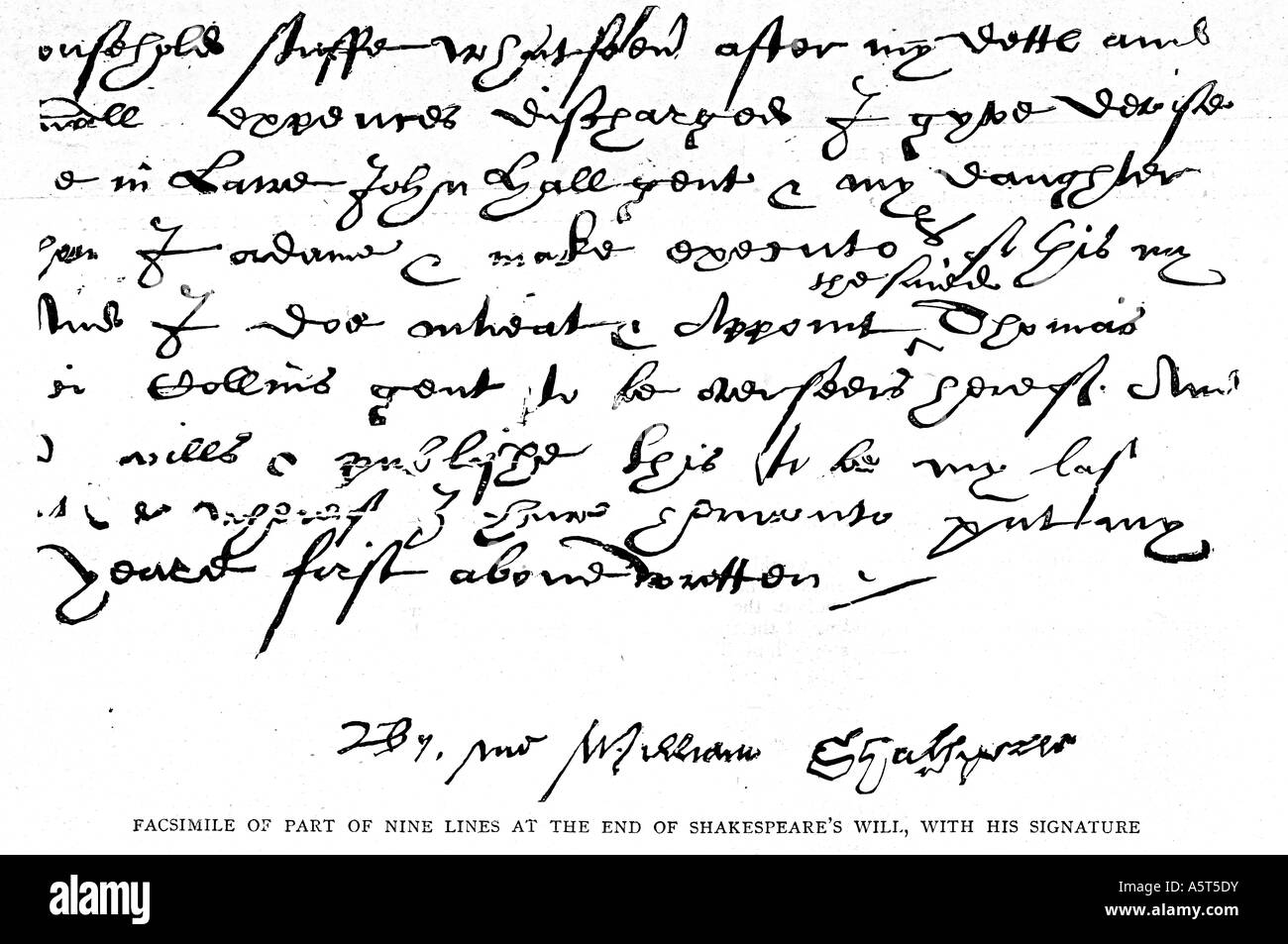 Shakespeares Will The last nine lines of the will of William Shakespeare and his signature published after he died in 1616 Stock Photo
