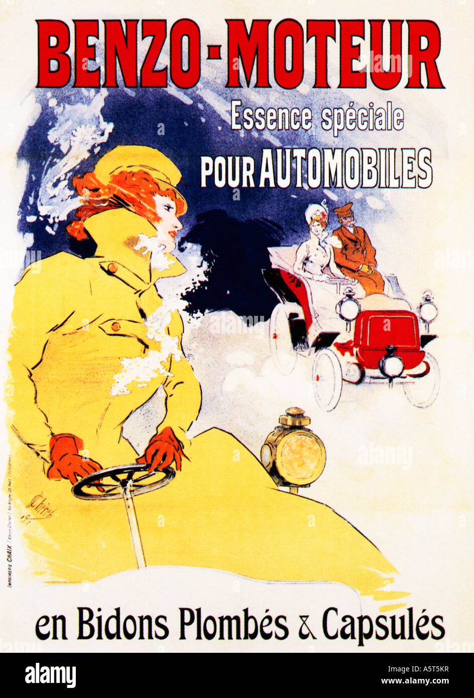 Benzo Moteur Jules Cheret poster from 1900 advertising an early brand of petrol with lady drivers in charge Stock Photo