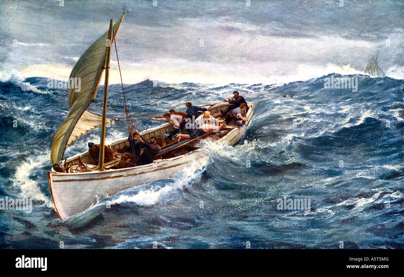 The Crew 1912 painting by C Napier Hemy of a small fishing boat with a crew of nine weathering a storm Stock Photo