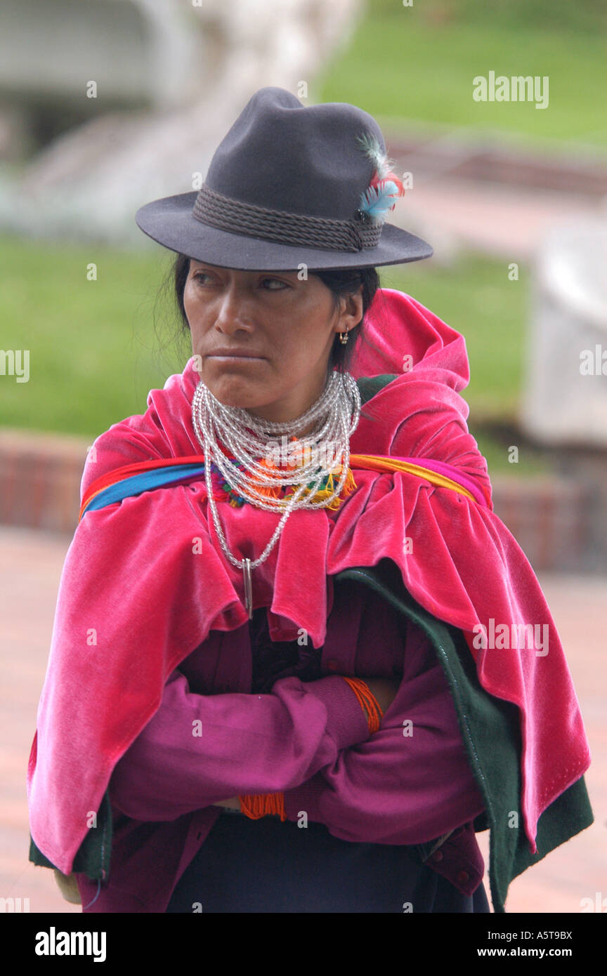 Ecuadorian woman in a traditional Andean poncho and hat in Riobamba
