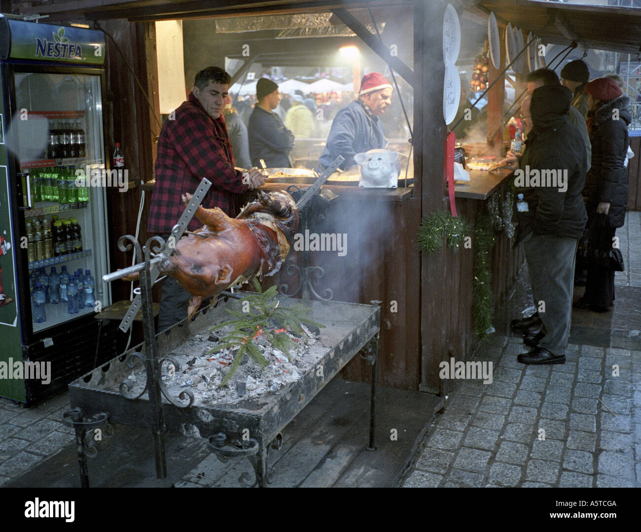 Poland, Cracow, barbecue, broach with whelp pig grilled Stock Photo