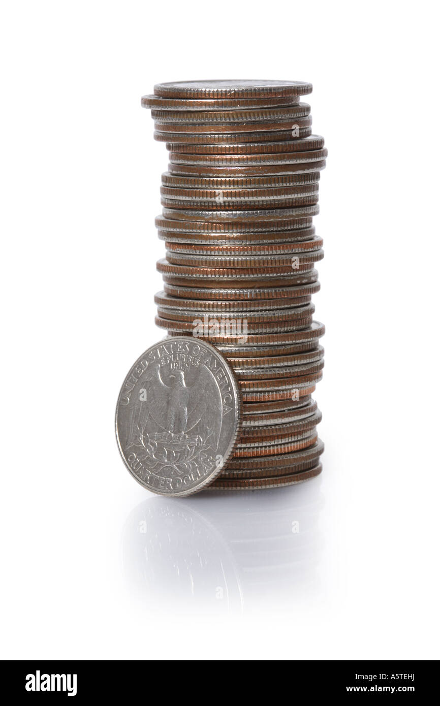 Stack of Quarters cut out on white background Stock Photo