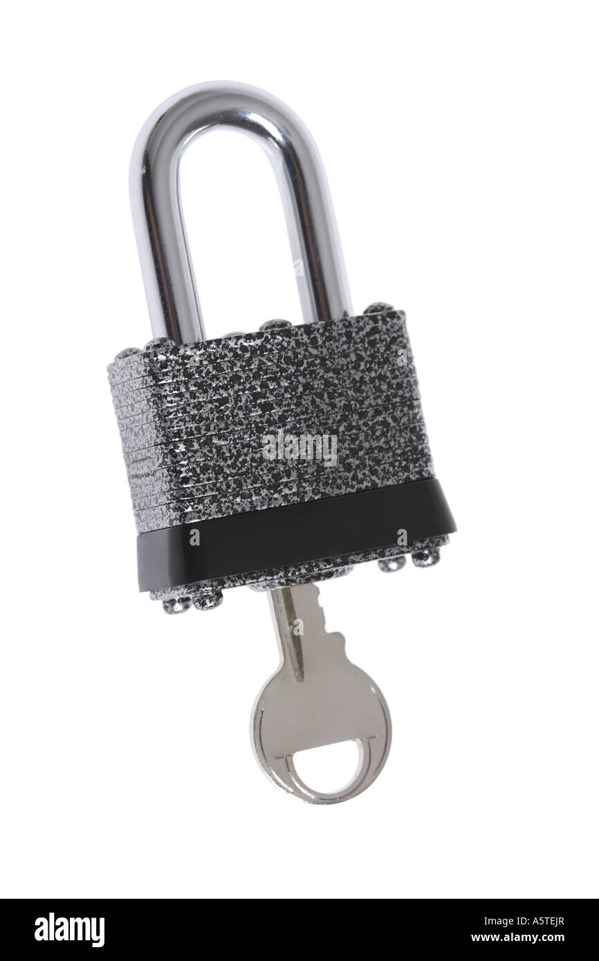 Padlock with Key cut out on white background Stock Photo Alamy