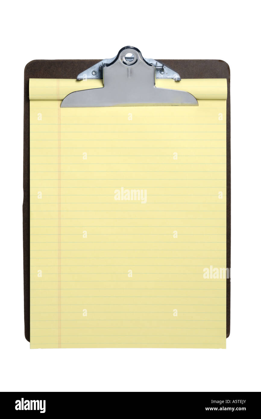 Clipboard with Yellow paper cut out on white background Stock Photo