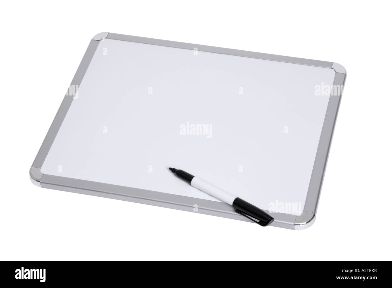 Blank dry erase board with pen cut out on white background Stock Photo