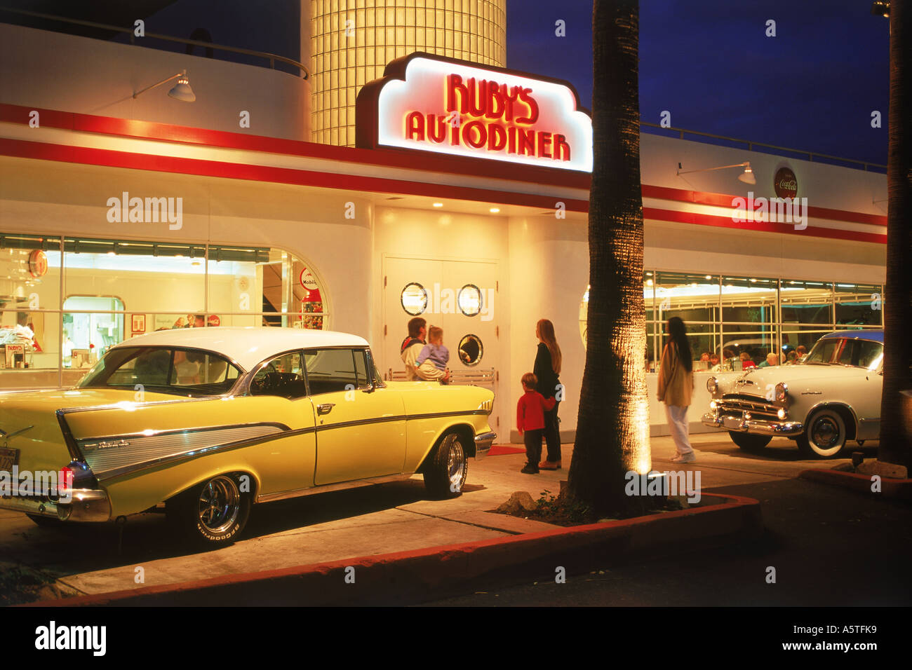 Auto diner at night with old classic American cars in Laguna Beach, California Stock Photo