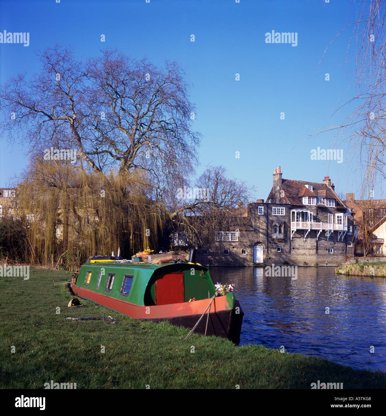 Darwin College Cambridge from the River Cam, with narrowboat Stock