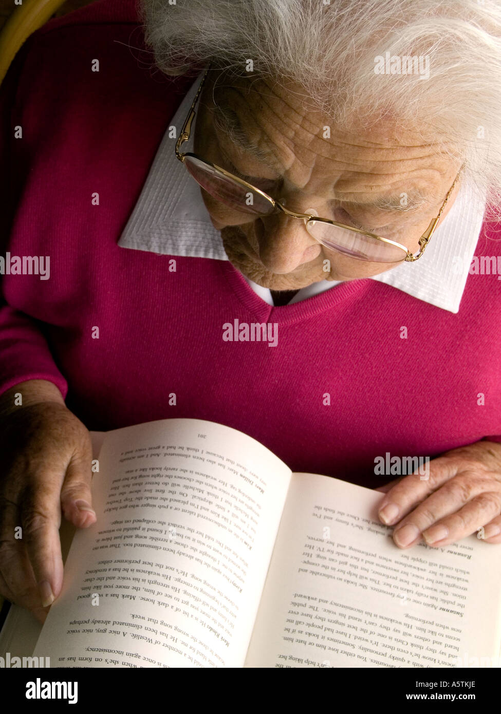 Elderly lady reading a book in natural window light at home Stock Photo