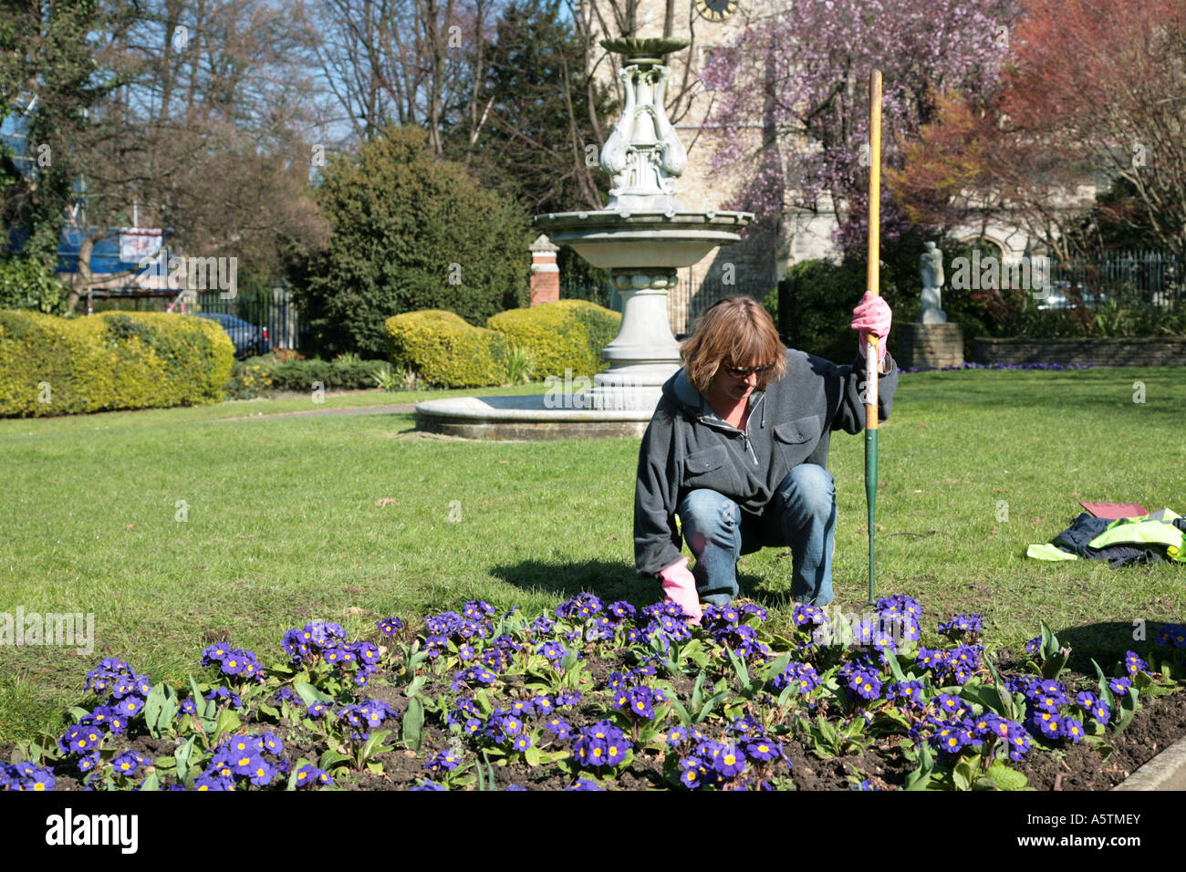 woman tending flowers in urban park Stock Photo