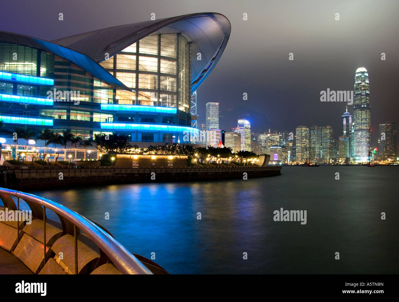 Hong Kong Exhibition and Convention Centre and IFC2 at Night, Wan Chai, Hong Kong, China, Asia Stock Photo