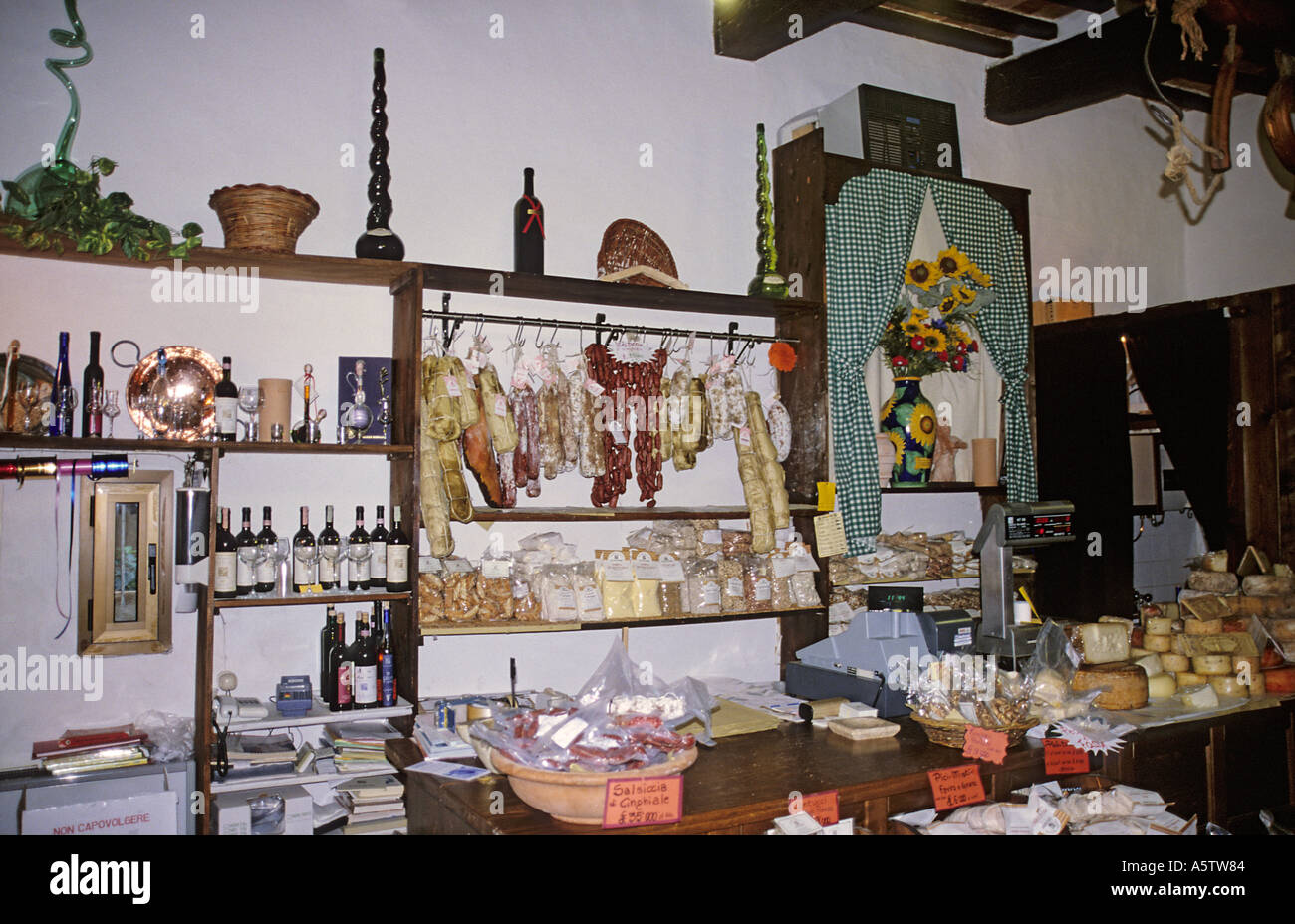 Small grocery with typical regional food in Pienza Tuscany Italy Stock Photo