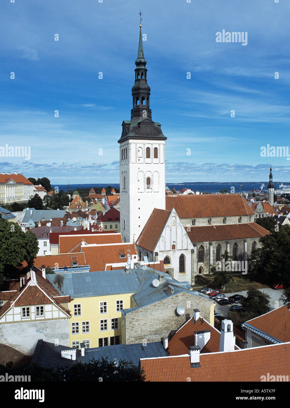Tallinn Old Town Republic of Estonia Europe. ST NICHOLAS S CHURCH and ROOFTOPS of the Lower town Stock Photo