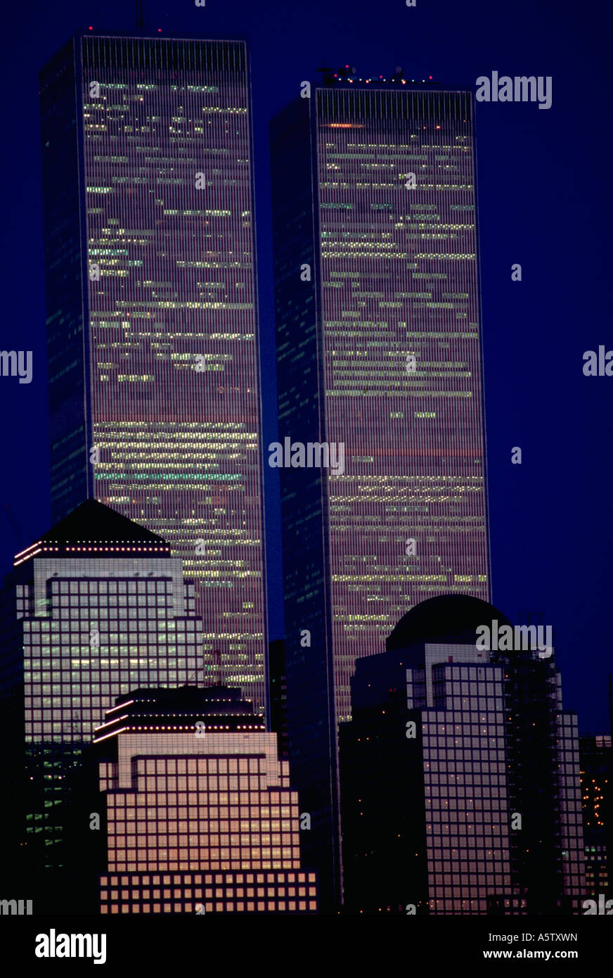 Painet hl1949 world trade center wtc buildings twilight down town new york city winter blue sky worl front water ny Stock Photo