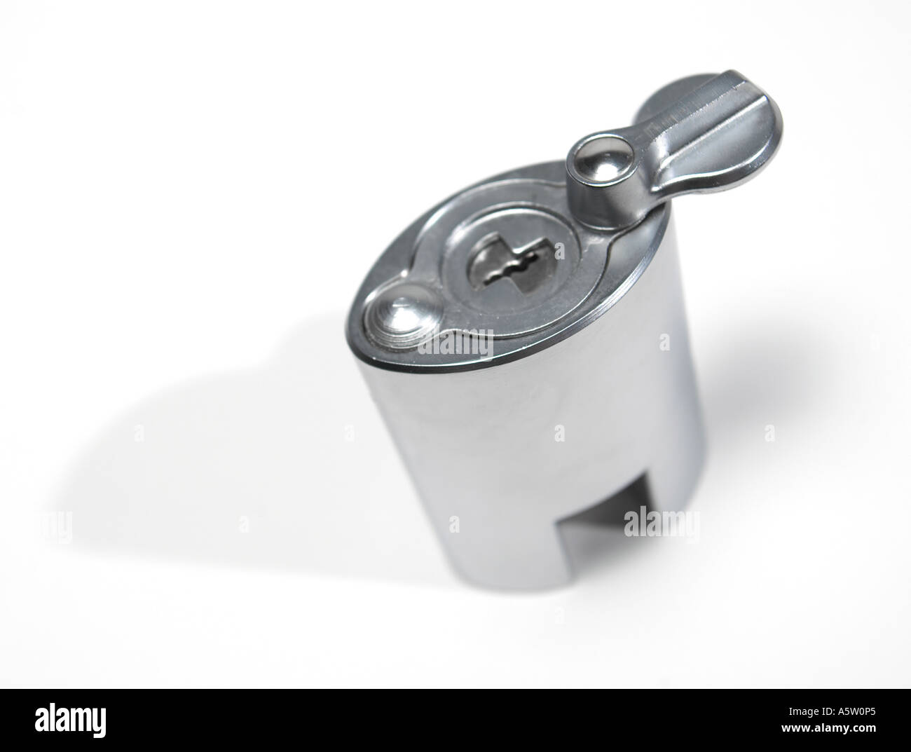 A chrome strong tough padlock and key Stock Photo