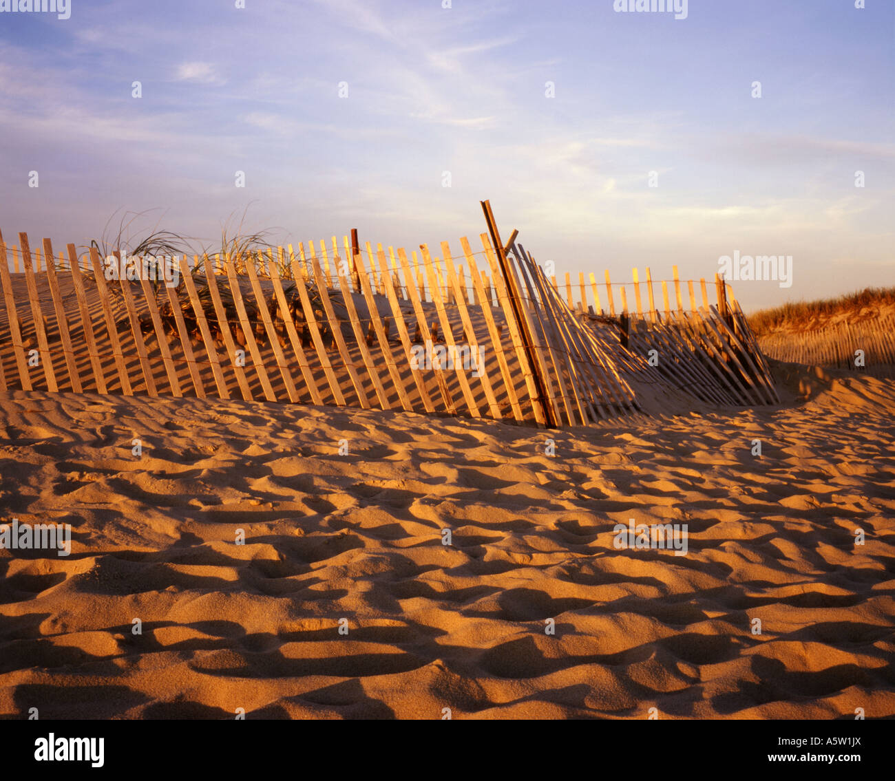 Wooden fence and contours on sandy beach cast long shadows as the sun sets,Martha's Vineyard,U.S.A. Stock Photo