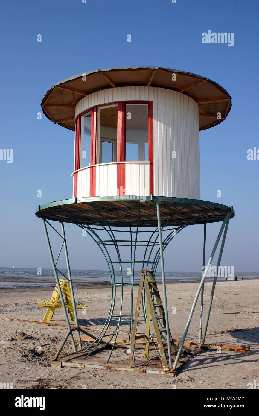 LIFEGUARD TOWER ON PARNU BEACH in Estonia Stock Photo