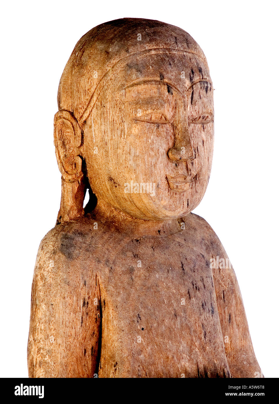 Jizo style carved wooden Buddhist statue of a monk with a Jizo style carved wooden Buddhist statue of a monk with a